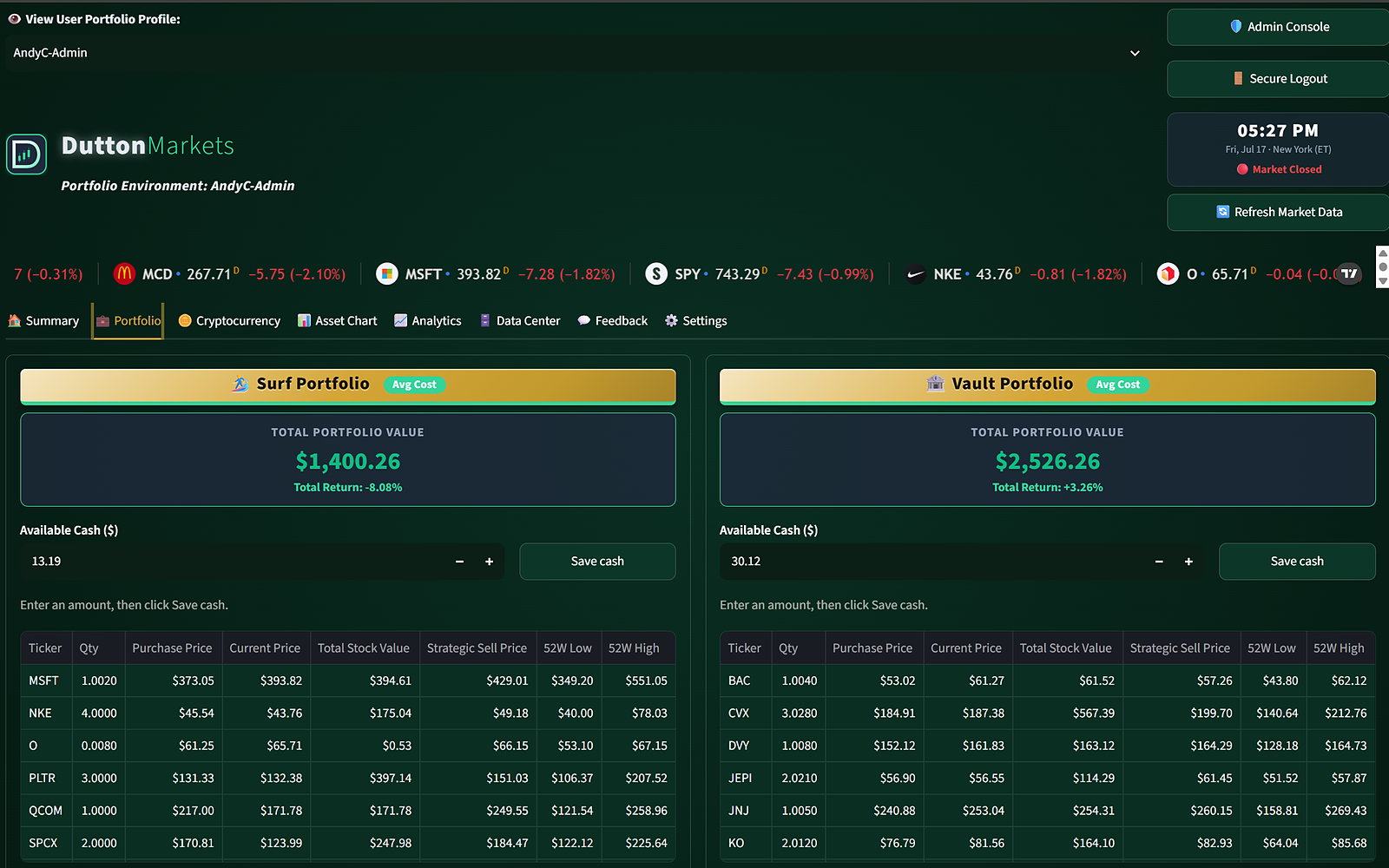 DuttonMarkets Portfolio Tracker — screenshot